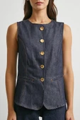 Bisiklet Yaka Metal Düğmeli Denim Yelek Lacivert thumbnail 5