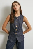 Bisiklet Yaka Metal Düğmeli Denim Yelek Lacivert thumbnail 4