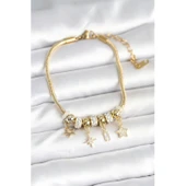 Pirinç Gold Renk Kutup Yıldızı Charmlı Kadın Bileklik Vice-5353 - 1