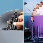 BUFFER® Fotoğraf Makinası ve Telefon Takılabilen 2si 1 Arada 2.2m Uzayan Selfie Çubuğu Kumandalı Tripod - 3