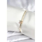 Renkli Kelebek Figür Gold Renk Pirinç Kadın Bileklik Vice-5353 - 1