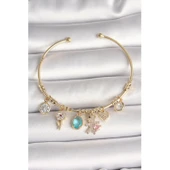 Pirinç Gold Renk Sallantı Zirkon Taşlı AYıcık Figür Kalp Detay Charm Kadın Bileklik Vice-5353 - 1