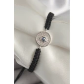 Pirinç Gümüş Renk Zirkon Taşlı Nazar Boncuk İşleme Makrome Asansörlü Model Kadın Bileklik Vice-5353 - 1