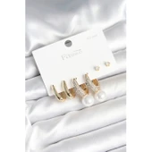 Pirinç Gold Renk Zirkon Taşlı İnci Detaylı 925 Ayar Gümüş Çivili Kadın Küpe Seti - 1