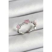 Pirinç Sıralı Kalp Figürlü Zirkon Taşlı Gümüş Renk Ayarlanabilir Kadın Yüzük - 1