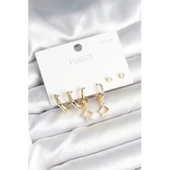 Pirinç Gold Renk 925 Ayar Gümüş Çivili Kadın Küpe Seti - 1