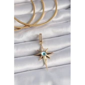 Pirinç Gold Renk Zirkon Taşlı Kutup Yıldızı Nazar Boncuk Detay Ajda Charm - 1