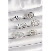 Pirinç Gümüş Renk Nazar Boncuk Zirkon Taş Detaylı Dalga Figür Kadın Yüzük Kombini - 1