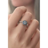 Gümüş Renk Nazar Boncuk Figür Zirkon Taş Detay Kadın Yüzük - 1