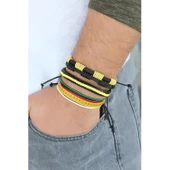 Sarı Renk Zımbalı Deri Erkek Bileklik Kombini - 1