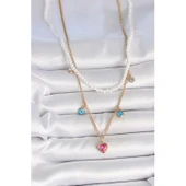 Gold Renk 316 L Çelik  2'Li İnci Zincir Model Pembe Taşlı Kalp Figür Nazar Boncuk Detay Kadın Kolye Vice-5353 - 2
