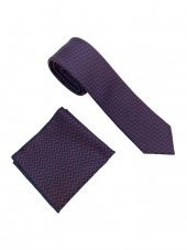 Brianze Kırmızı Lacivert  Desenli Kravat Mendil Set thumbnail 2