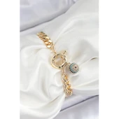 Pirinç Nazar Model Zirkon Taşlı Gold Renk VİP Seri Kadın Bileklik Vice-5353 - 1