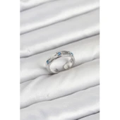 Pirinç Gümüş Renk Mavi Zirkon Taşlı Kutup Yıldızı Model Kadın Yüzük - 1