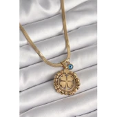 Gold Renk 316 L Çelik  İtalyan Zincir Dorika Yonca Model Nazar Boncuk Detay Kadın Kolye Vice-5353 - 1