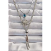 316L Çelik Gümüş Renk Zirkon Taşlı Göz Detay Nazarlı Uzun Asansör Model Kolye - 1