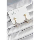 Kutup Yıldızı Pirinç Gold Renk Zirkon Taşlı Kadın Küpe - 1