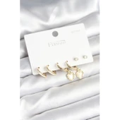 Pirinç Gold Renk Kalp Detaylı 925 Ayar Gümüş Çivili Kadın Küpe Seti - 1