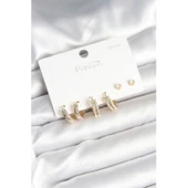 Pirinç Gold Renk Zirkon Taşlı 925 Gümüş Çivili Kadın Küpe Seti - 1