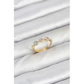 Pirinç Gold Renk Renkli Zirkon Taşlı Kadın Yüzük - 1