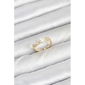 Pirinç Gold Renk Zirkon Taşlı İncili Model Kadın Yüzük - 1