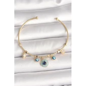 Pirinç Gold Renk Zirkon Taşlı Nazar Boncuk Detay Charm Kadın Bileklik Vice-5353 - 1