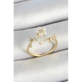 Pirinç İnci Detaylı Papatya Figürlü Zirkon Taşlı Gold Renk Ayarlanabilir Kadın Yüzük - 1