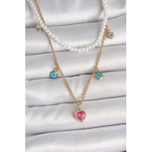 Gold Renk 316 L Çelik  2'Li İnci Zincir Model Pembe Taşlı Kalp Figür Nazar Boncuk Detay Kadın Kolye Vice-5353 - 1