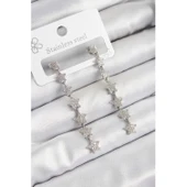 Pirinç Zirkon Taşlı Sallantılı Yıldız Model Gümüş Renk Kadın Küpe - 1