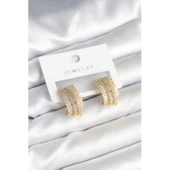 Zirkon Taşlı Şerit Model Gold Renk Pirinç Kadın Küpe - 1