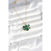316L Çelik Zincirli Yeşil Çiçek Model Kadın Kolye Vice-5353 - 2
