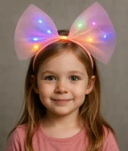 Rengarenk Led Işıklı Fiyonk Şekilli Tül Parti Tacı Pembe Renk 25x25 cm thumbnail 2