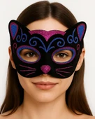 Siyah Kadife Kaplama Üzeri Pembe Mavi Sim İşlemeli Kedi Maskesi 20x13 cm thumbnail 2