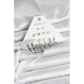 Pirinç Gümüş Renk Halka Modelli 6 Çift Kadın Küpe - 1