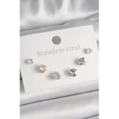 316L Çelik Gold Renk Zirkon Taşlı Kalp Model Kadın Küpe Seti - 1