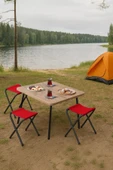 Exent 45X60 cm Kamp Sehpası + 3 Adet KIRMIZI Tabure Piknik, bahçe balkon sehpası Katlanır Sehpa-A-3K thumbnail 1