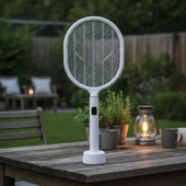 USB Şarjlı Beyaz Renk Kendiliğinden Standlı Şarj Göstergeli UV Işıklı Sinek Öldürme Raketi LTD-718 - 1