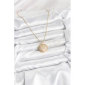 316L Çelik Zincir Gold Renk Zirkon Taşlı Kalpli Kadın Kolye - 2