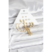 Gold Renk Pirinç Kadın 6 Çift Küpe Seti - 1