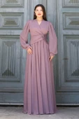 Bel Detaylı Kruvaze Yaka Abiye Elbise 2763-Gül Kurusu thumbnail 3