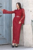 Hakim Yaka Kemerli Dantel Maxi Abiye Elbise 6032-Bordo thumbnail 5
