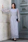 Hakim Yaka Kemerli Dantel Maxi Abiye Elbise 6032-Gri thumbnail 1