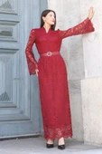 Hakim Yaka Kemerli Dantel Maxi Abiye Elbise 6032-Bordo thumbnail 4