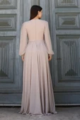 Bel Detaylı Kruvaze Yaka Abiye Elbise 2763-Bej thumbnail 7