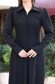 Gömlek Yaka Dantel İşleme ve Kaplamalı Kemerli Abiye Elbise 2764-Siyah - 5