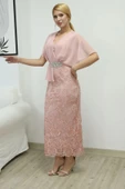 Kruvaze Yaka Şifon Dantel Kombinli Taş ve Fırfırlı Abiye Elbise 6051-Pudra thumbnail 3