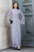 Hakim Yaka Kemerli Dantel Maxi Abiye Elbise 6032-Gri thumbnail 6