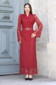 Hakim Yaka Kemerli Dantel Maxi Abiye Elbise 6032-Bordo thumbnail 2