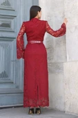 Hakim Yaka Kemerli Dantel Maxi Abiye Elbise 6032-Bordo thumbnail 7