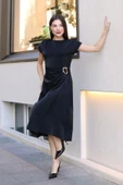Toka ve Drape Detaylı Soft Saten Midi Elbise 6042-Siyah - 3